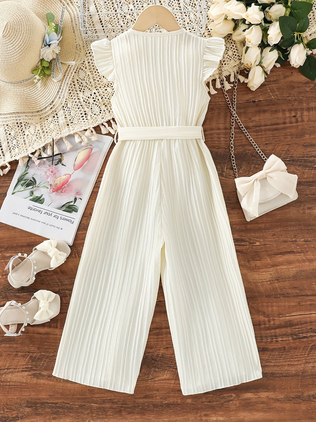 Девочки широкие брюки летние повседневные однотонные из полиэстера с поясом, пуговицей, без рукавов