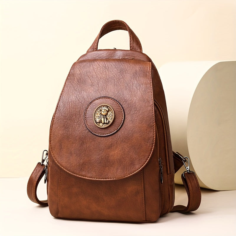 Women's Faux Leather Backpack Retro Denim Style Adjustable Straps Multiple Compartments Black Beige Brown