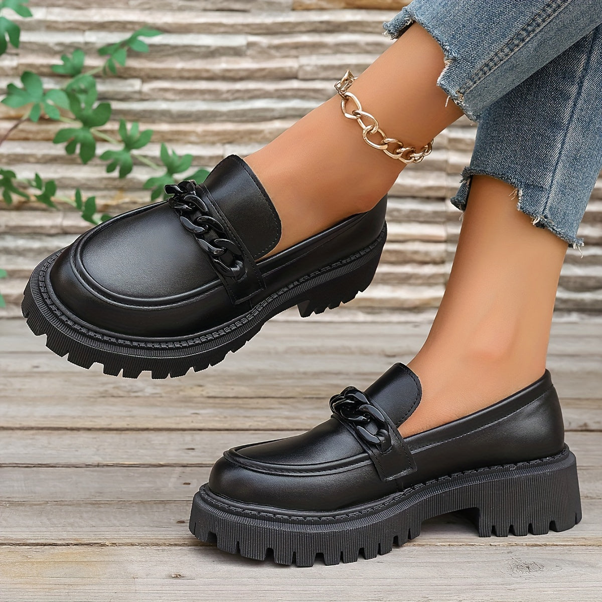 Women’s Black Loafers with Bow Slip-On Platform Casual Shoes