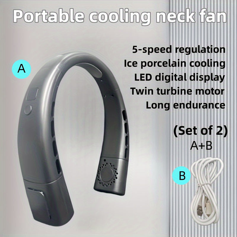 Portable Neck Fan with Ice Porcelain, 5-Speed LED, USB-C Charging