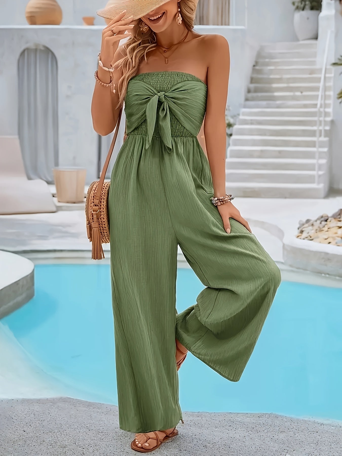 Women's Olive Green Sleeveless Jumpsuit Tie-Front Wide Leg Summer Casual