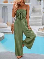 Women's Olive Green Sleeveless Jumpsuit Tie-Front Wide Leg Summer Casual