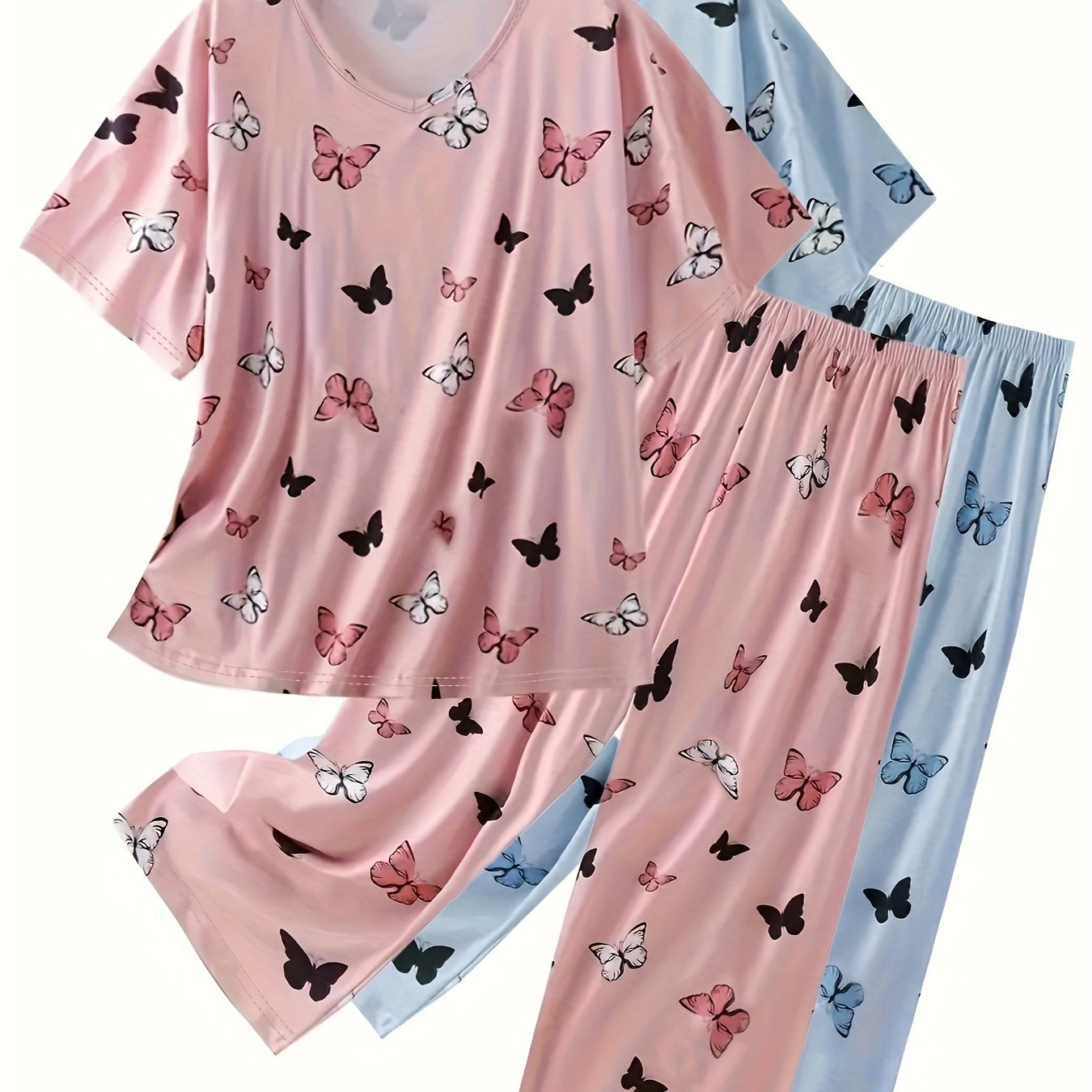 Plus Size Butterfly Print Short Sleeve Pajama Set Two-Piece Combo