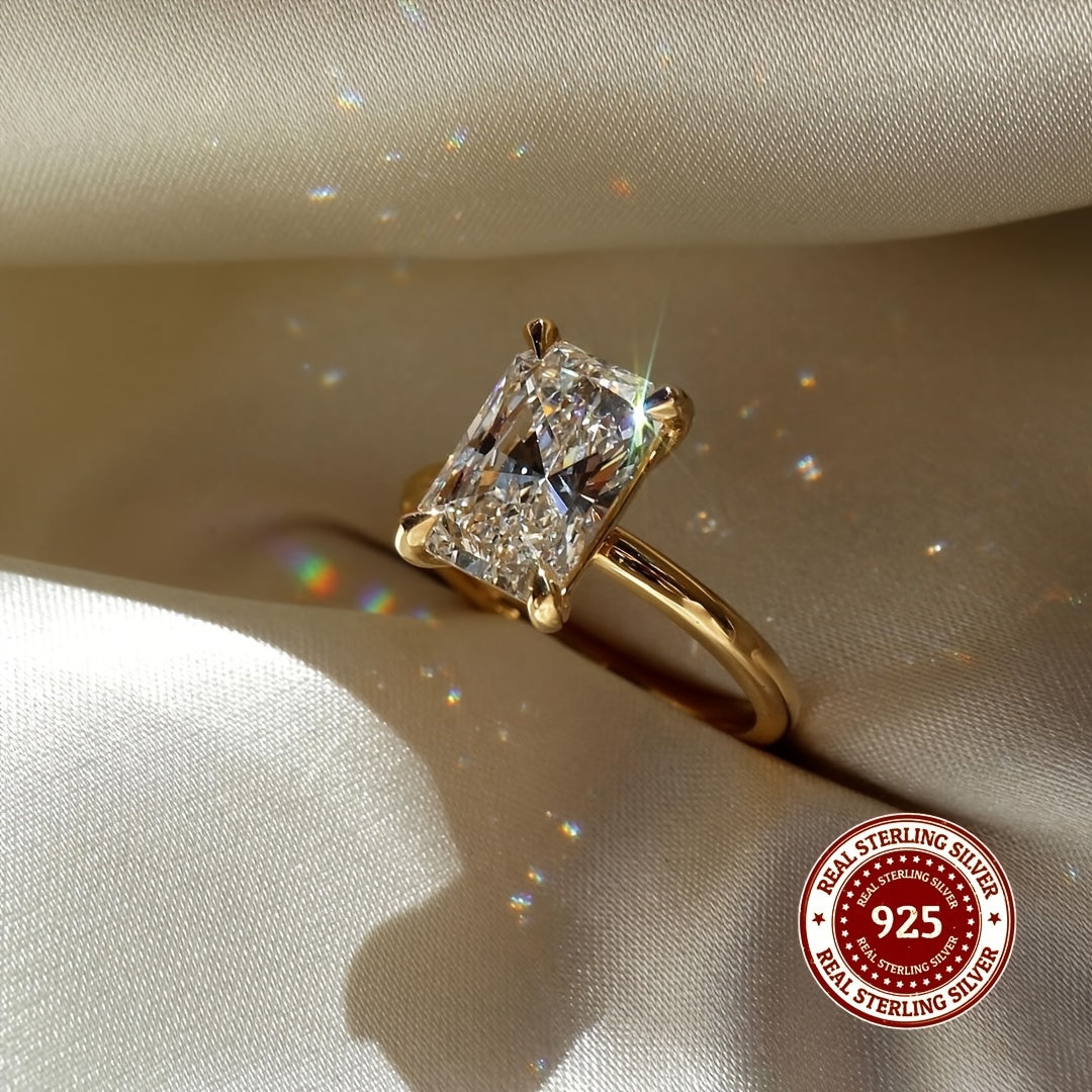 Sterling Silver Ring with Cubic Zirconia Rectangle Cut 1-3 Carat Elegant Jewelry