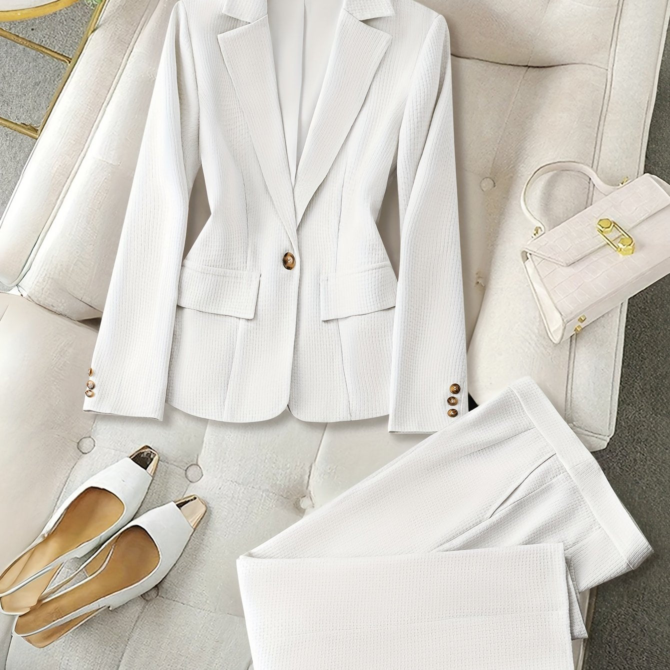 Women's Solid Color Woven Polyester Blazer and Pants Set for Fall Winter