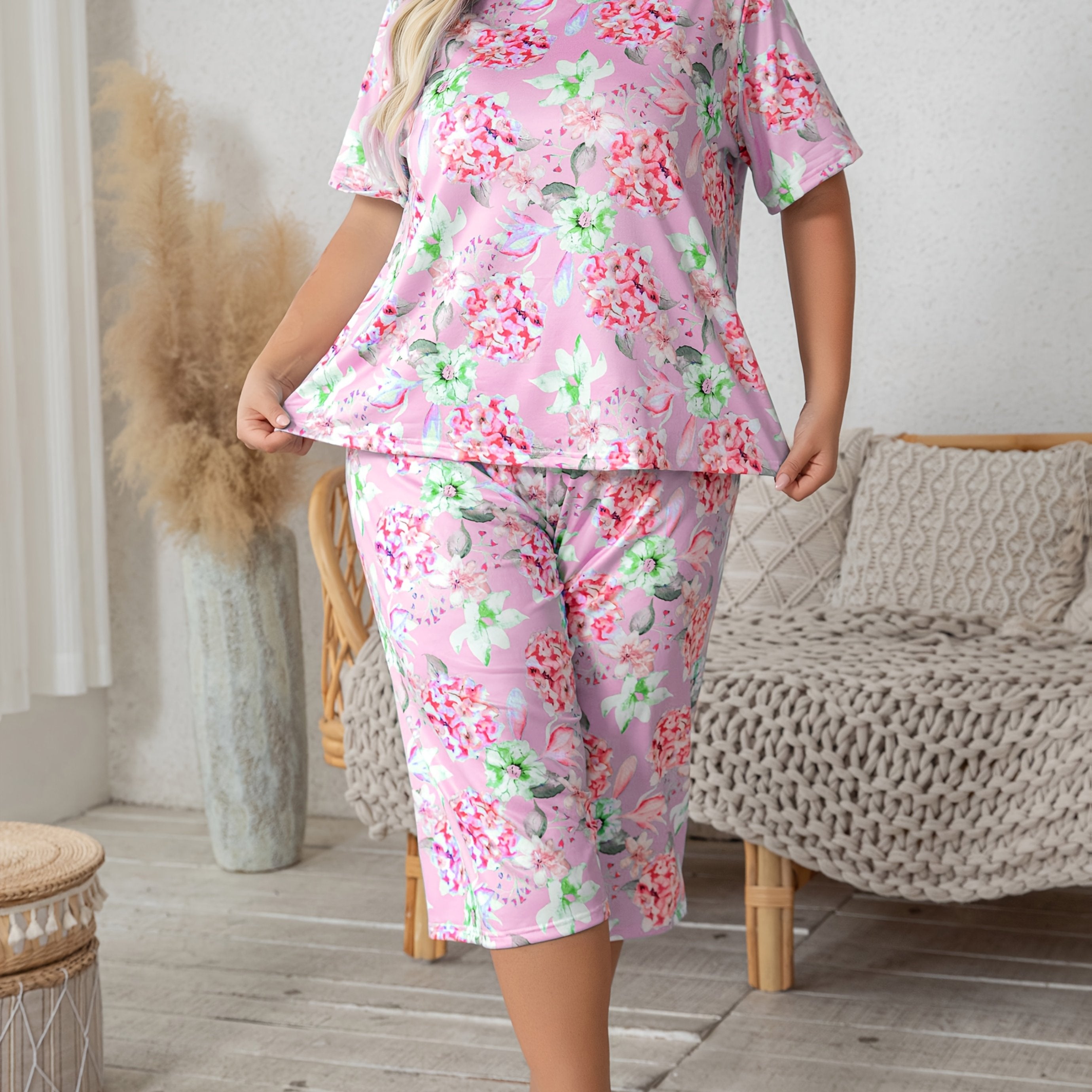 Women's Floral Print Pajama Set with Shorts and Seven-Eighth Pants