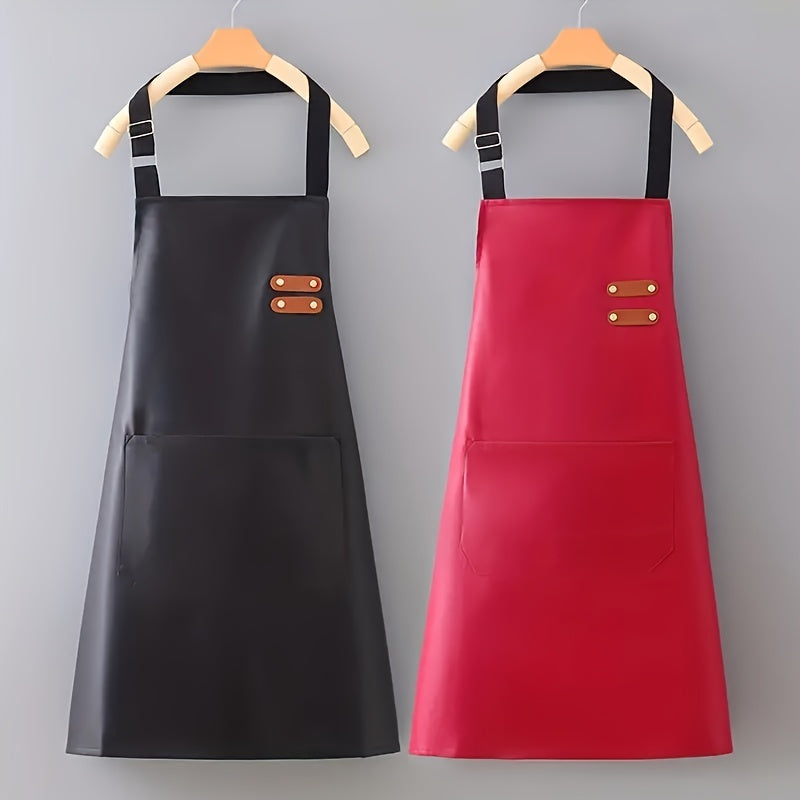 Faux Leather Polyester Apron Waterproof Oil-Proof Adjustable Neck Pocket for Cooking BBQ Barber Black Red