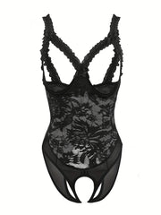 Plus Size Women's Lace Crotchless Bodysuit with Bow and Open Bust