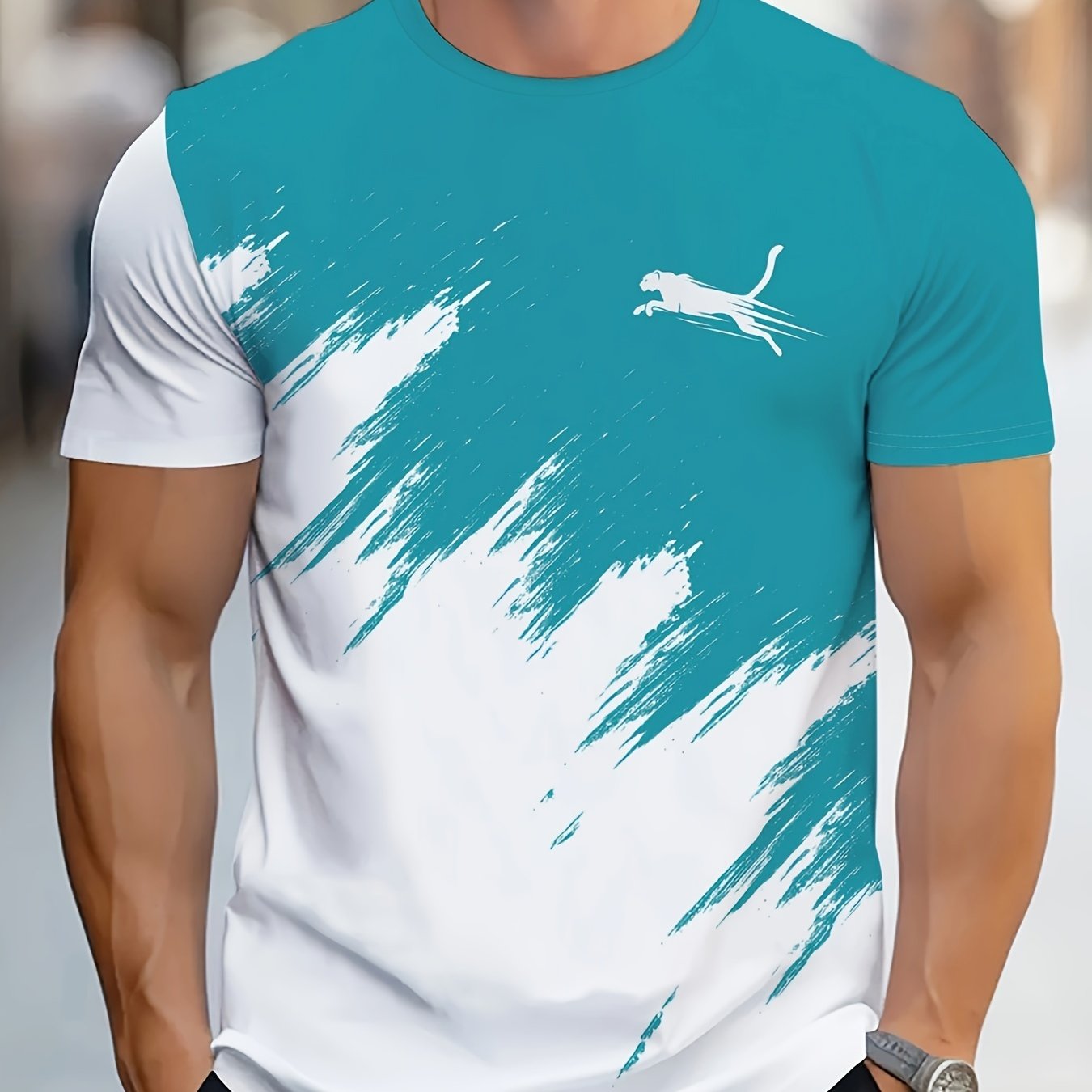 Erkaklar uchun tasodifiy krujka bo'yinli futbolka, geometrik naqsh bilan, 100% polyester to'qilgan matodan tayyorlangan, oddiy kesimda va biroz cho'ziluvchan.