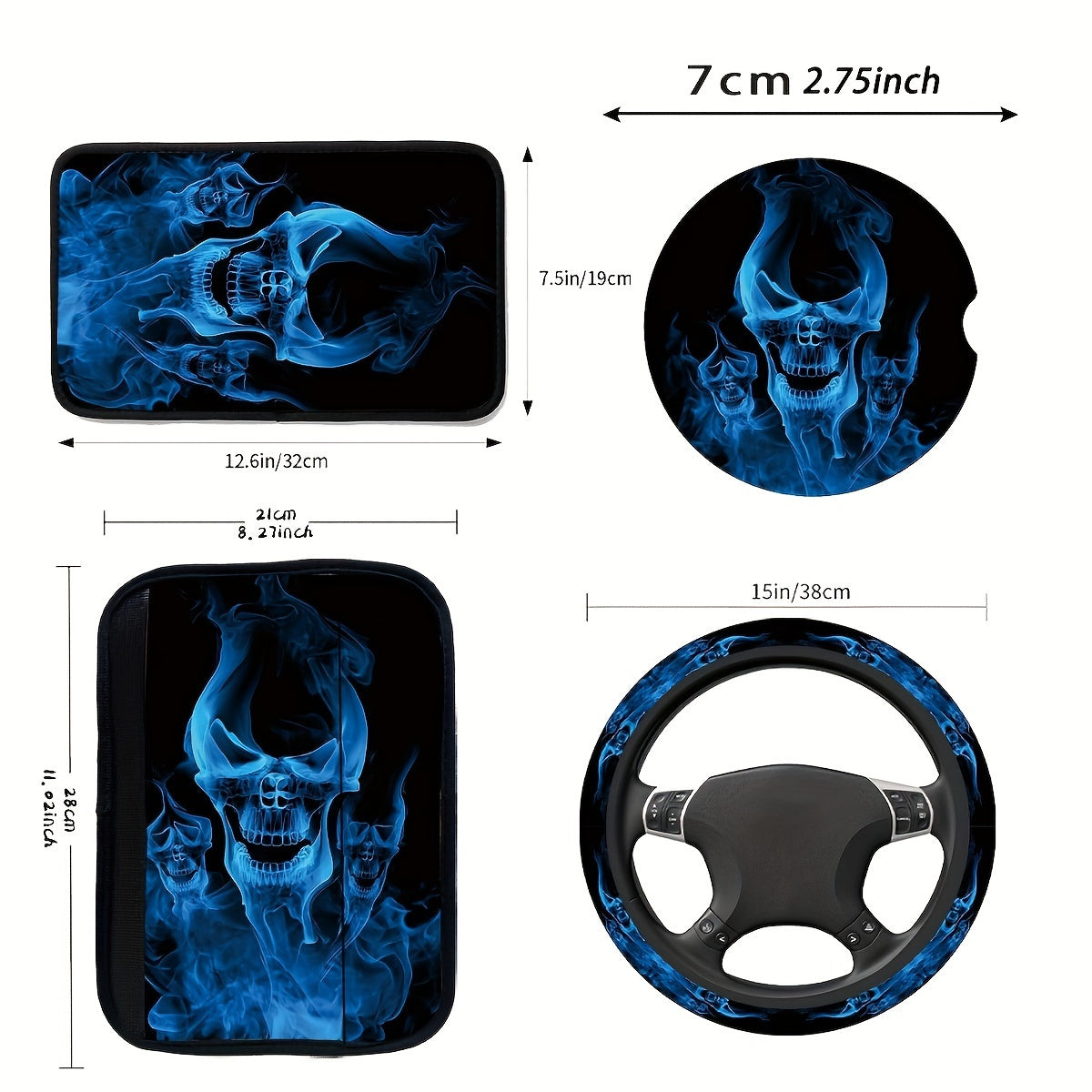 Blue Flame Skull Print Car Accessory Set Includes Wheel Cover Armrest Covers Seat Belt Clips Coasters