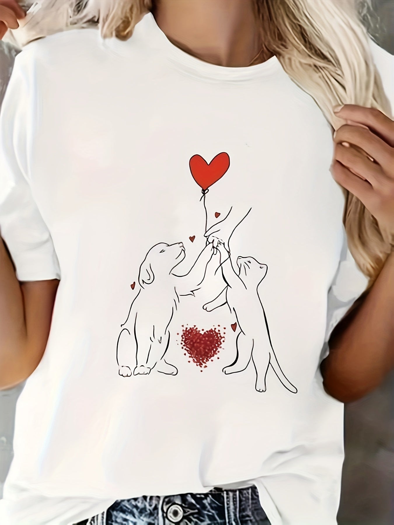 Women's Plus Size T-Shirt with Dogs and Heart Graphic Short Sleeve Casual Top