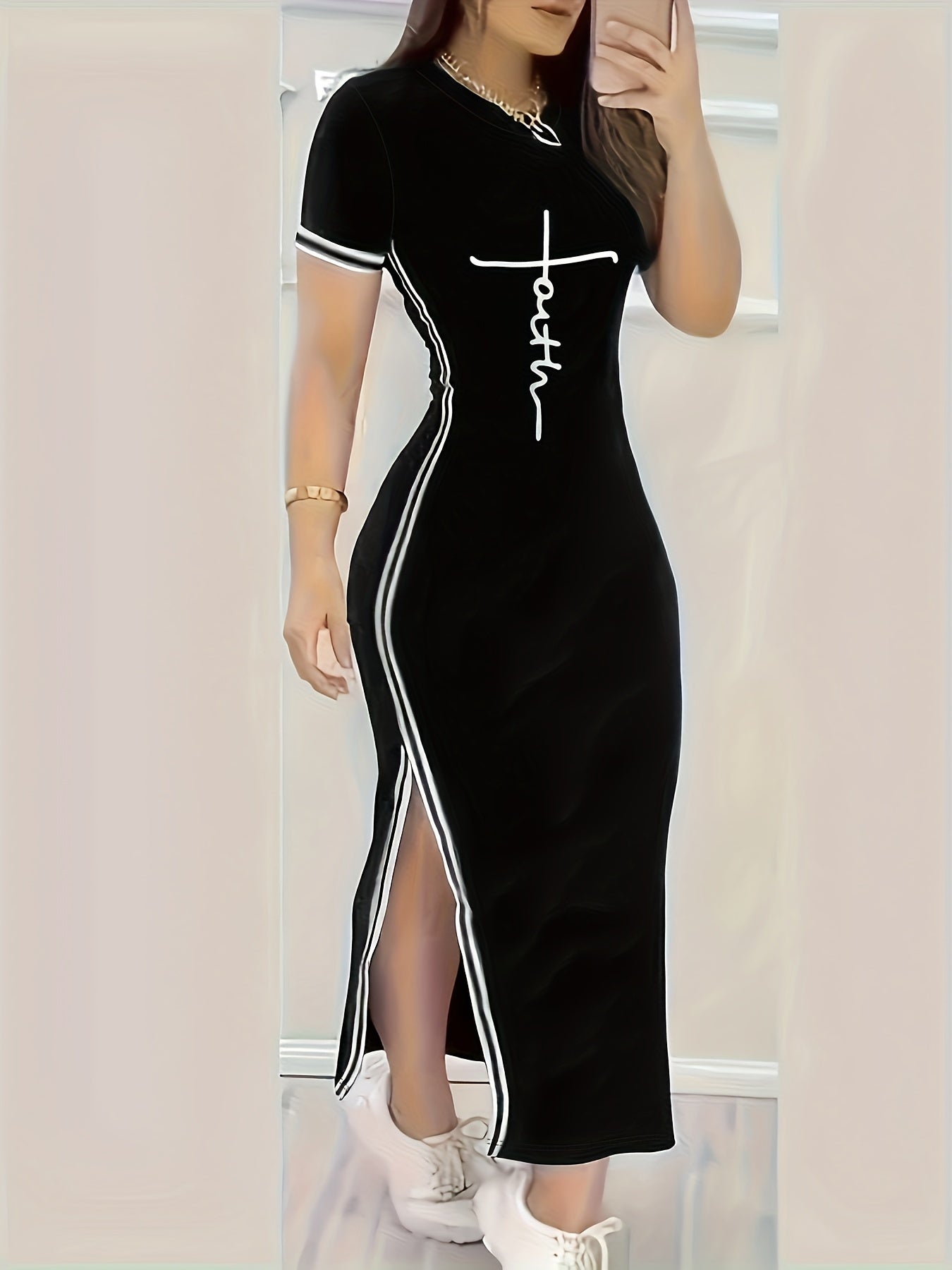Women's Spring Summer Bodycon Dress with Open Sides and Letter Print
