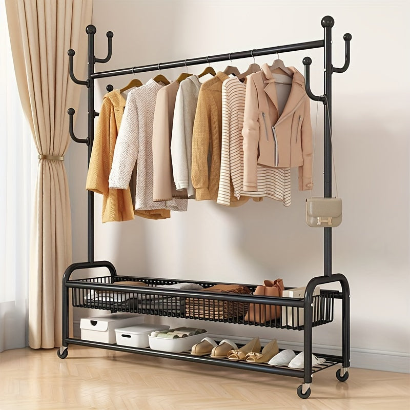 Multifunctional Rolling Coat Rack with 6 Hooks and Shelf Black Metal