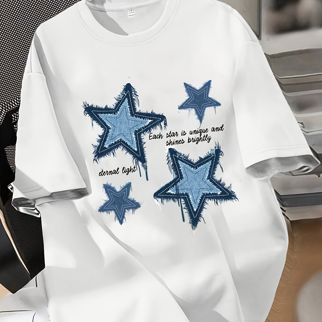 Camiseta de verano para mujer con patrón geométrico, cuello redondo, top casual