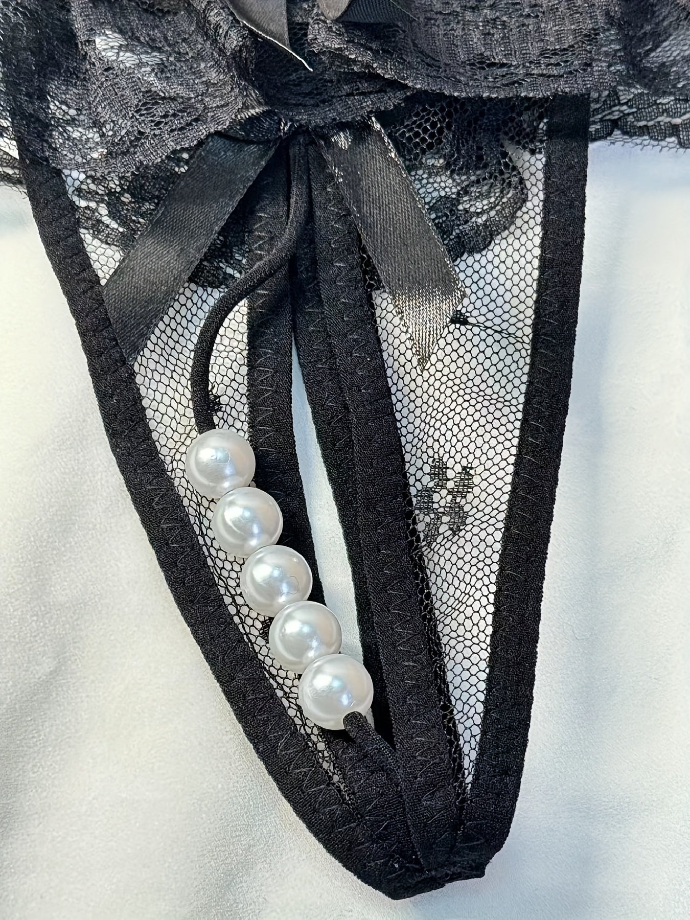 Women's Transparent Lace Crotchless Thong with Pearl Massage Details