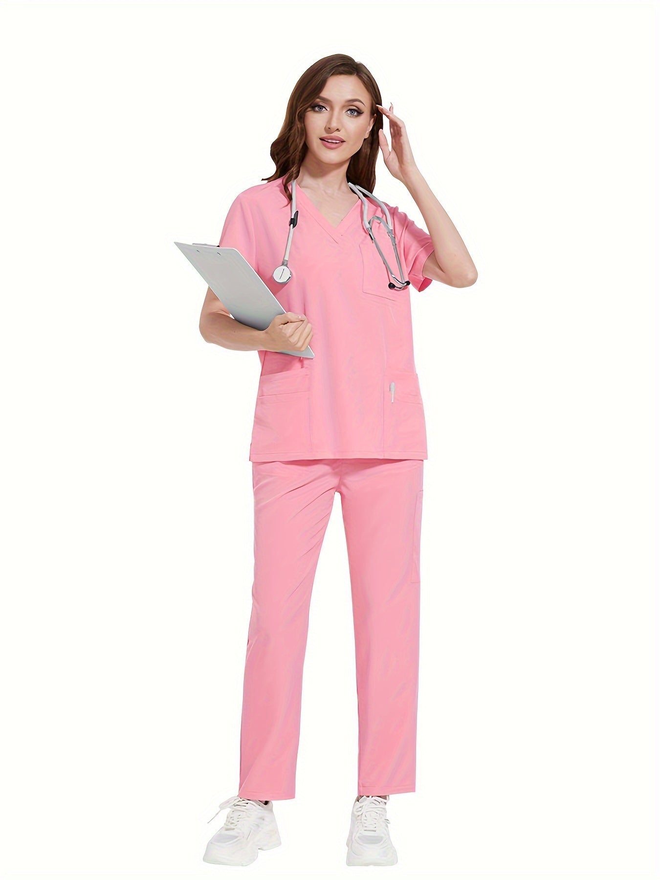 Polyester Spandex Scrubs Set with V-Neck Shirt and Straight-Leg Pants for Nurses and Surgeons