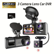 Cámara de tablero para coche de 3 canales con visión nocturna infrarroja, cámaras frontal y trasera 1080P