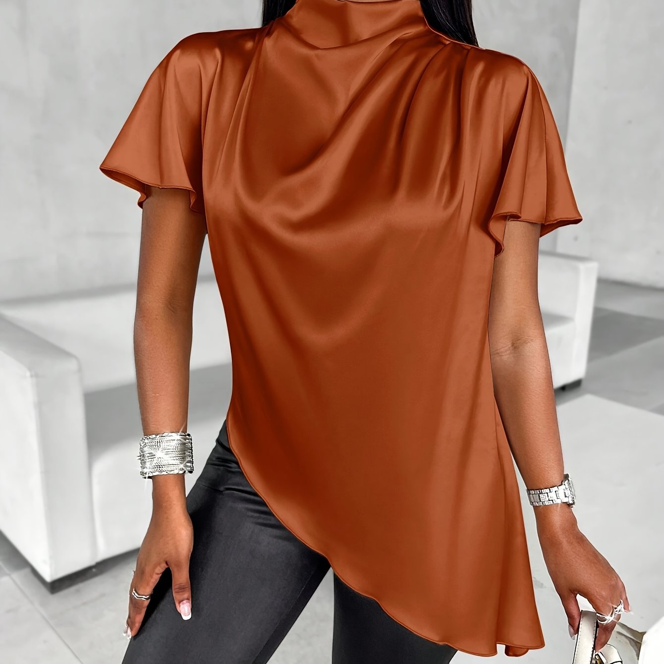 Women's Satin Blouse with Batwing Sleeves, Asymmetrical Hem, Solid Color