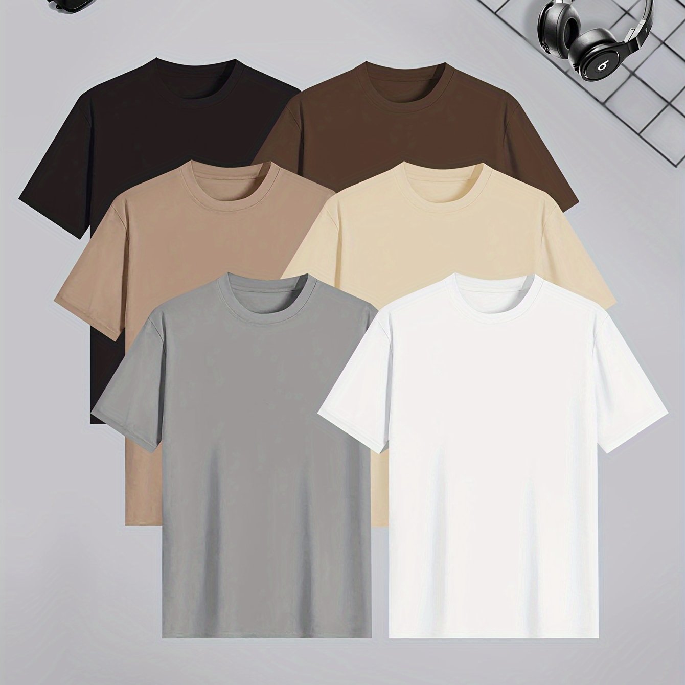 Conjunto de 6 camisetas de manga corta de color sólido para hombre, poliéster, ropa casual