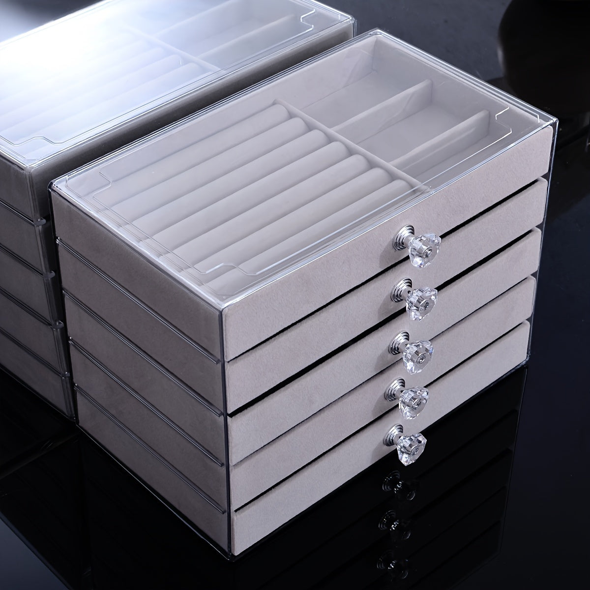 Caja de joyería de cinco capas con cajones para anillos, pendientes, pulseras y relojes. Almacenamiento de plástico con interior de tela