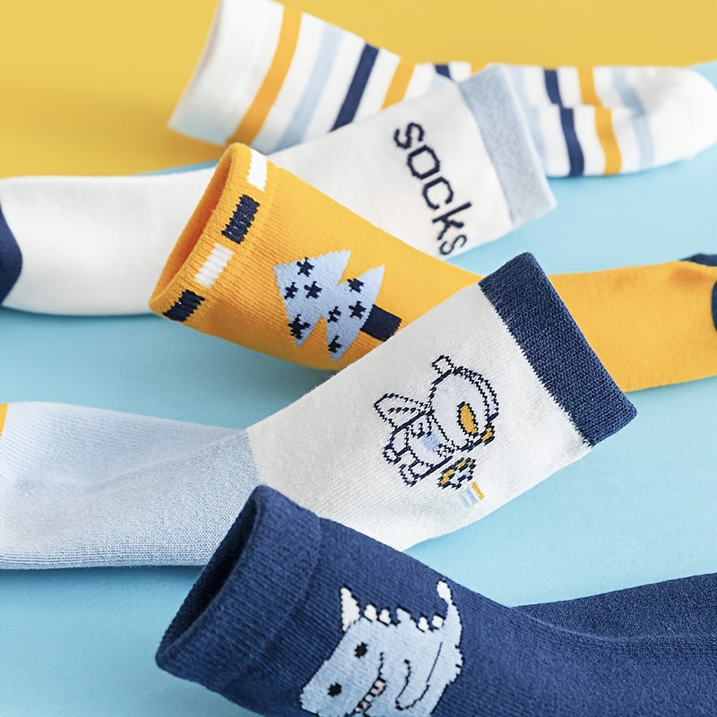 Kids Crew Socks 5 Pairs Cartoon Astronaut Striped Fall Winter Polyester Blend