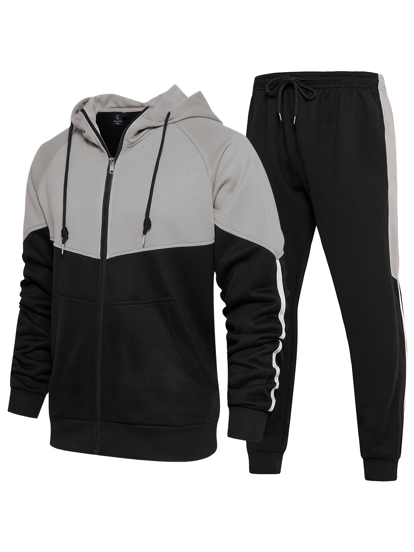 Plus Size Men's Color Block Hoodie and Jogger Set Polyester Casual Fall Winter