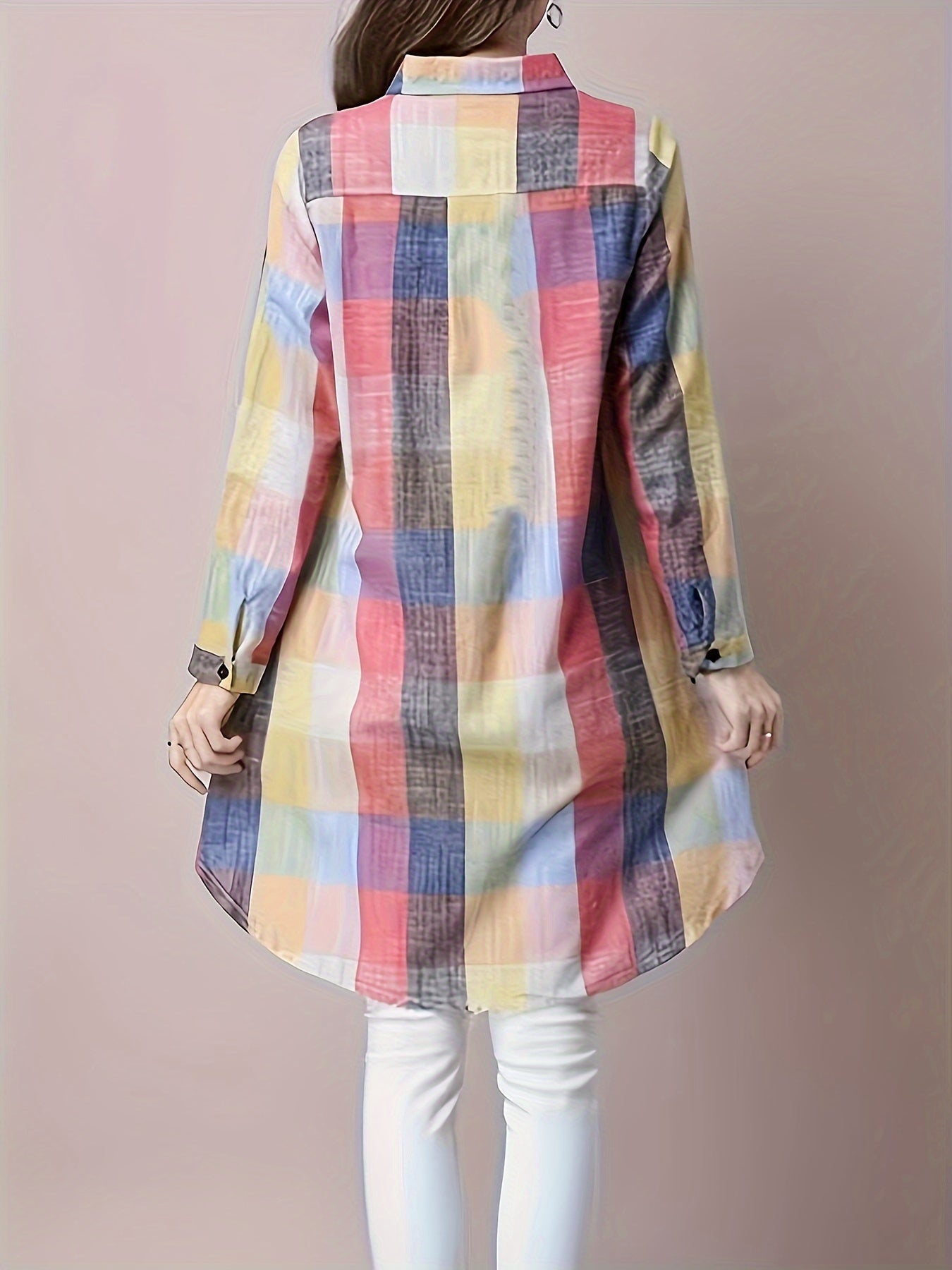 Women's Plaid Shirt Blouse Long Sleeve Button-Up Lightweight Linen Blend Casual All Seasons