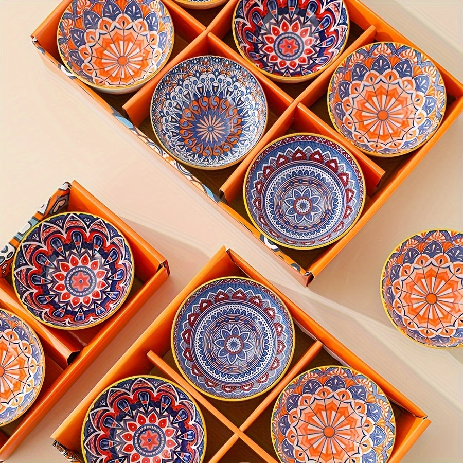 Handmade Ceramic Bowls Set with Vibrant Orange and Blue Mandala Design for Serving Cereal Ice Cream Pasta