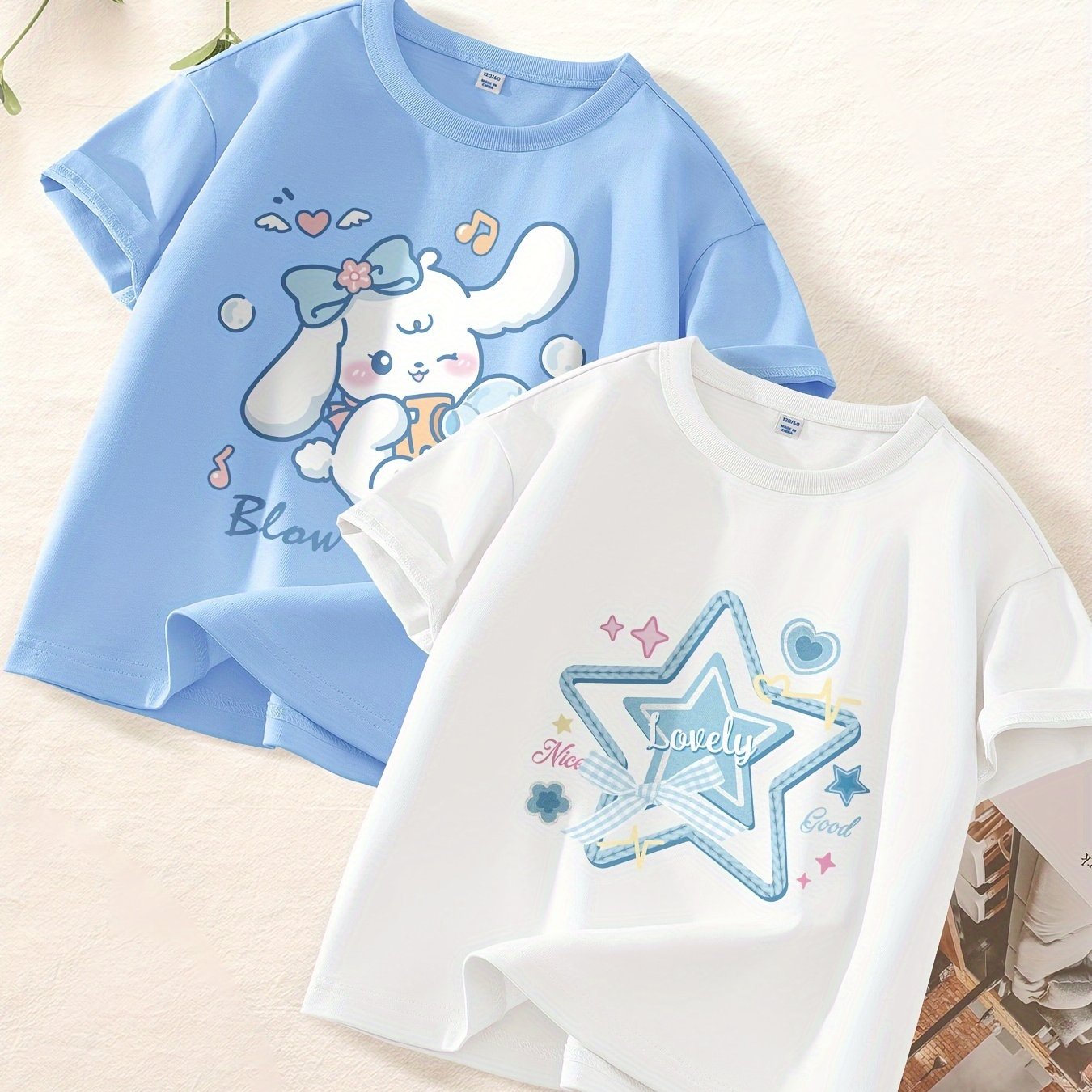 Cartoon Print Cotton T-Shirt for Kids Loose Fit Crew Neck Summer Autumn