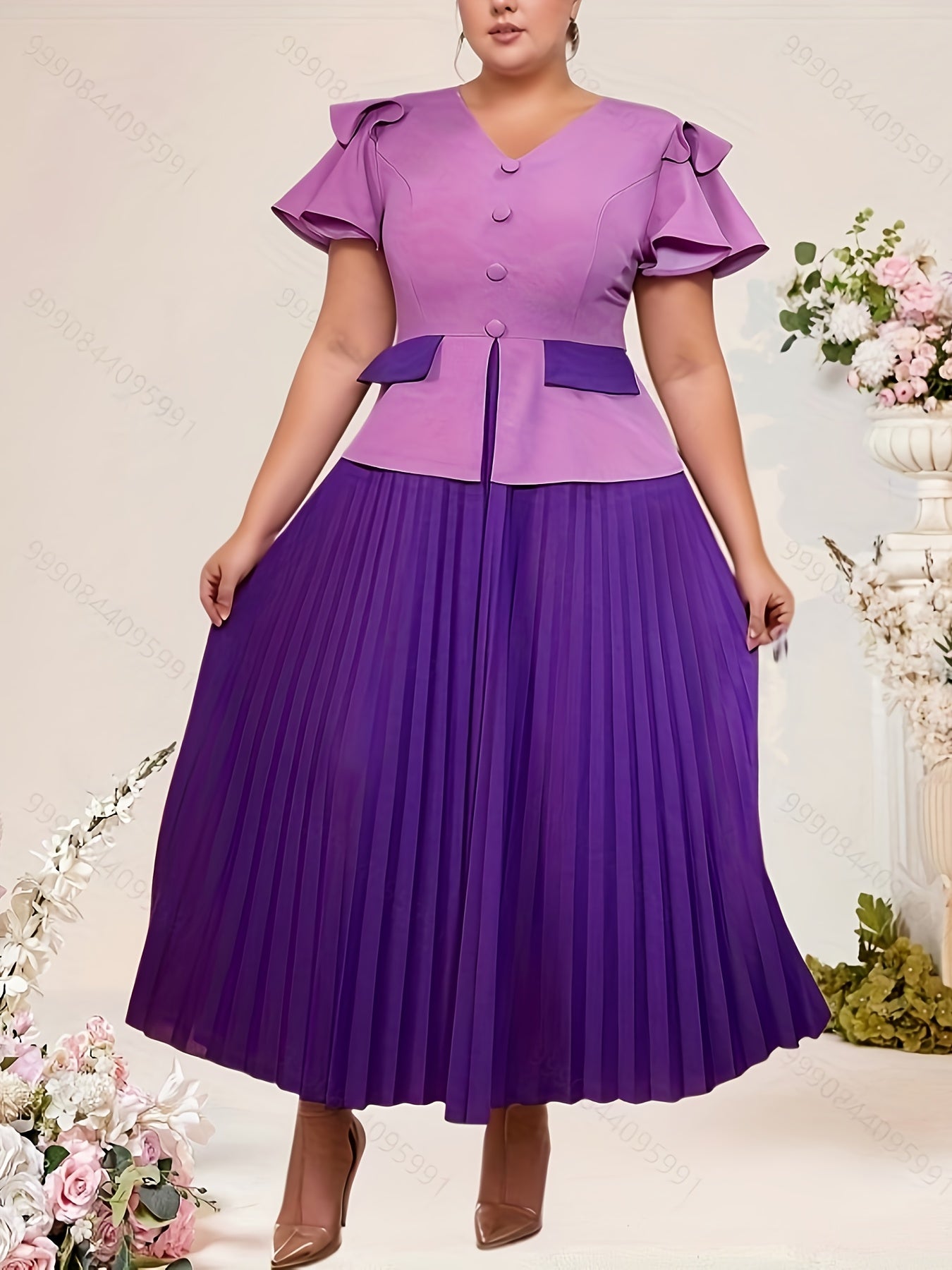 Plus Size Women's Elegant Pleated A-Line Party Dress Color Block