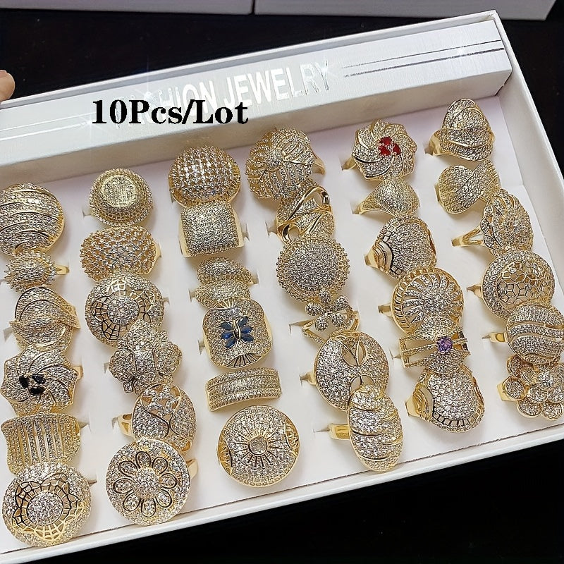 Set of 10 Women's Synthetic Zirconia Inlaid Copper Rings Elegant High-End Style for Weddings Parties and Daily Wear