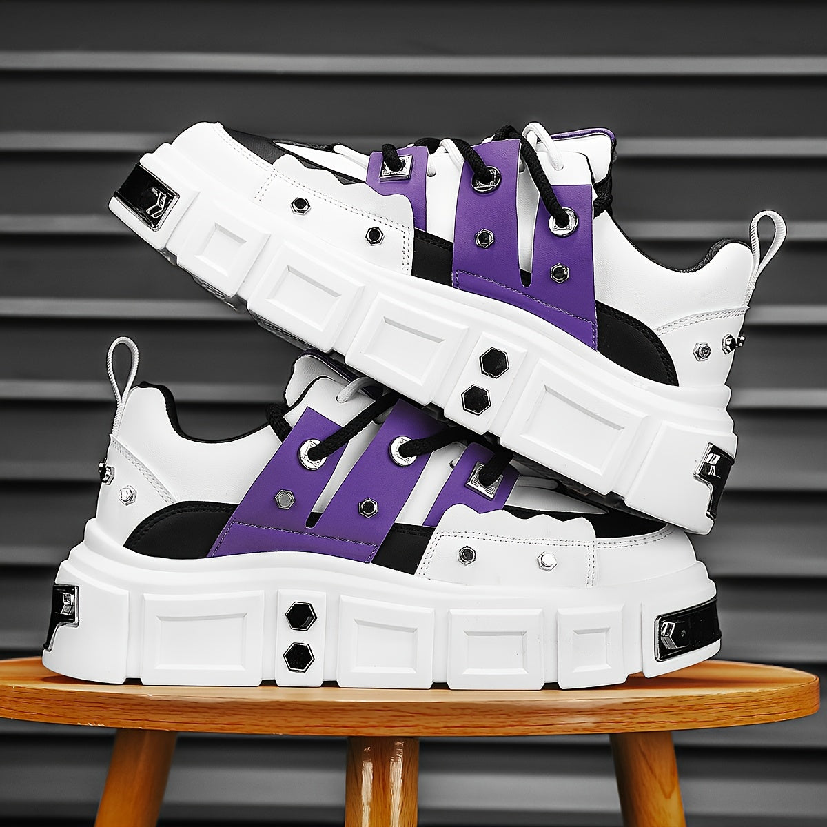 Unisex White Chunky Sneakers with Metal Stud Accents for Streetwear and Skateboarding