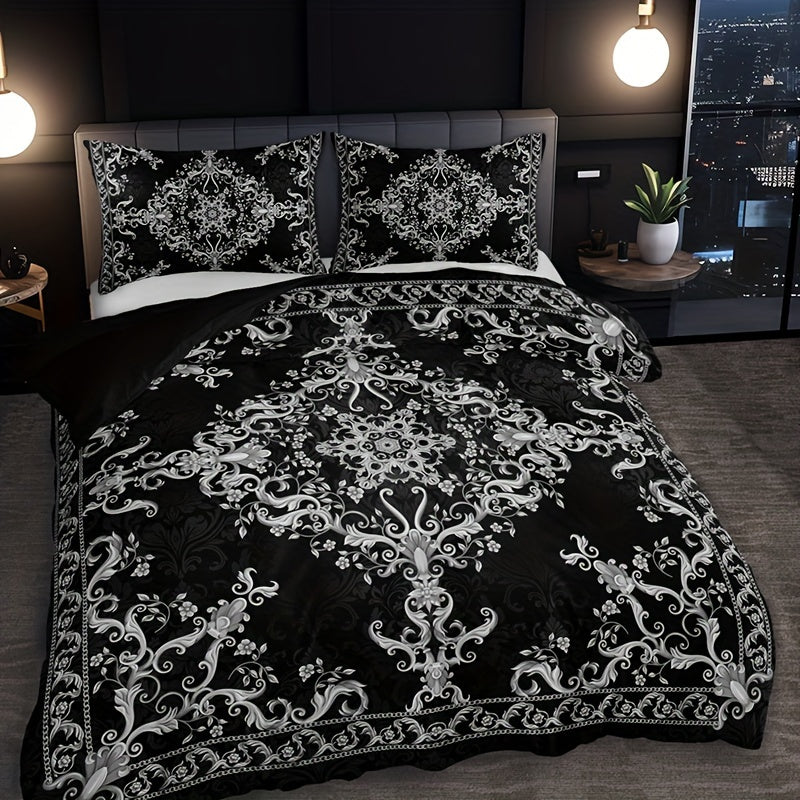 3-Piece Duvet Cover Set with Pillowcases Black and White Damask Digital Print Breathable Polyester All-Season