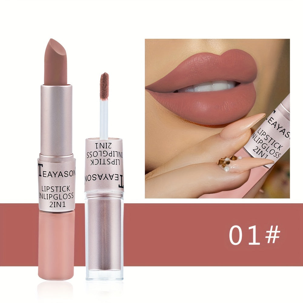 Women’s Dual-Ended Matte Lipstick and Lip Gloss Set Red Nude