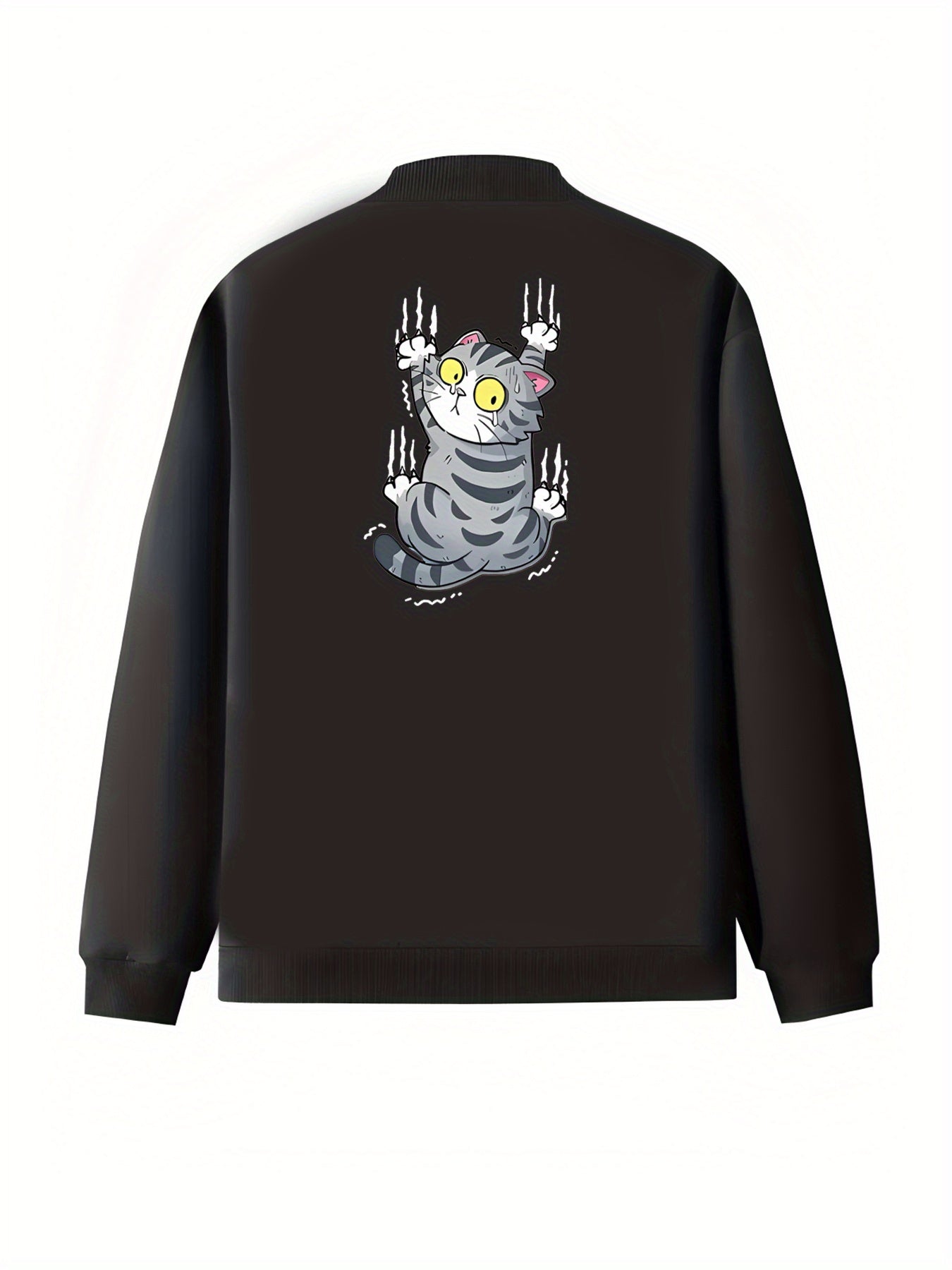 Women's Plus Size Casual Jacket Black Cartoon Cat Print Zip-Up Pockets