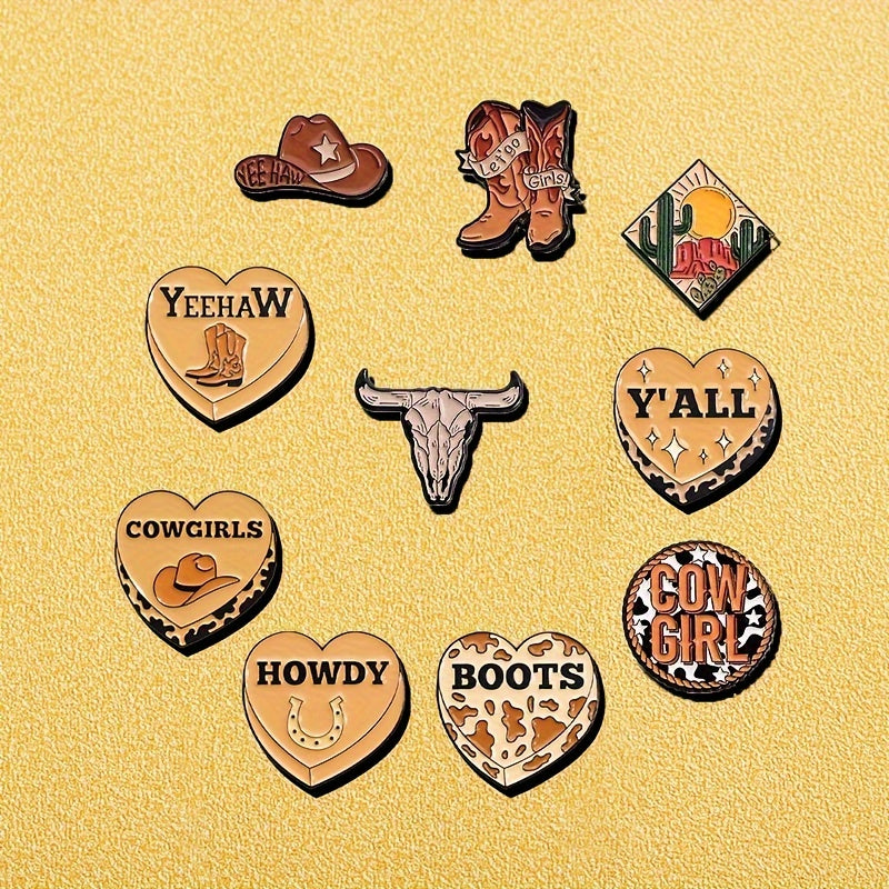 10 ta Gʻarbiy Kovboy emal pinlar to'plami, Qo'ylar bilan Oyoq kiyimlari va Yeehaw ramzlari bilan, Sumkalar, shapka va shartlar uchun