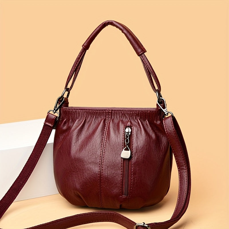 Vintage Crossbody Bag for Women Leather Bucket Style Small Purse with Adjustable Strap in Black Burgundy Brown