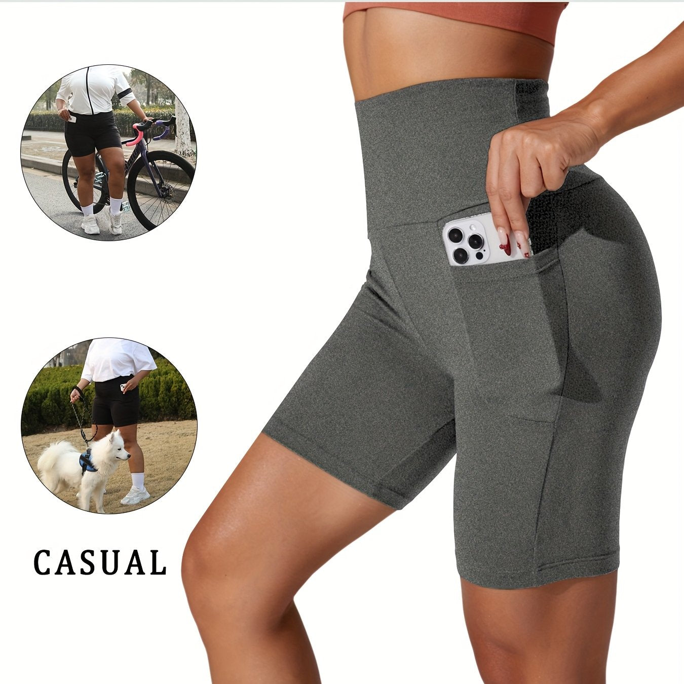 Plus Size High Waisted Biker Shorts Women Pockets Tummy Control Dark Blue