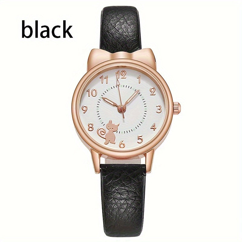 Женские и студенческие кварцевые часы с мультяшным котом, светящимся циферблатом и ремешком из PU-кожи