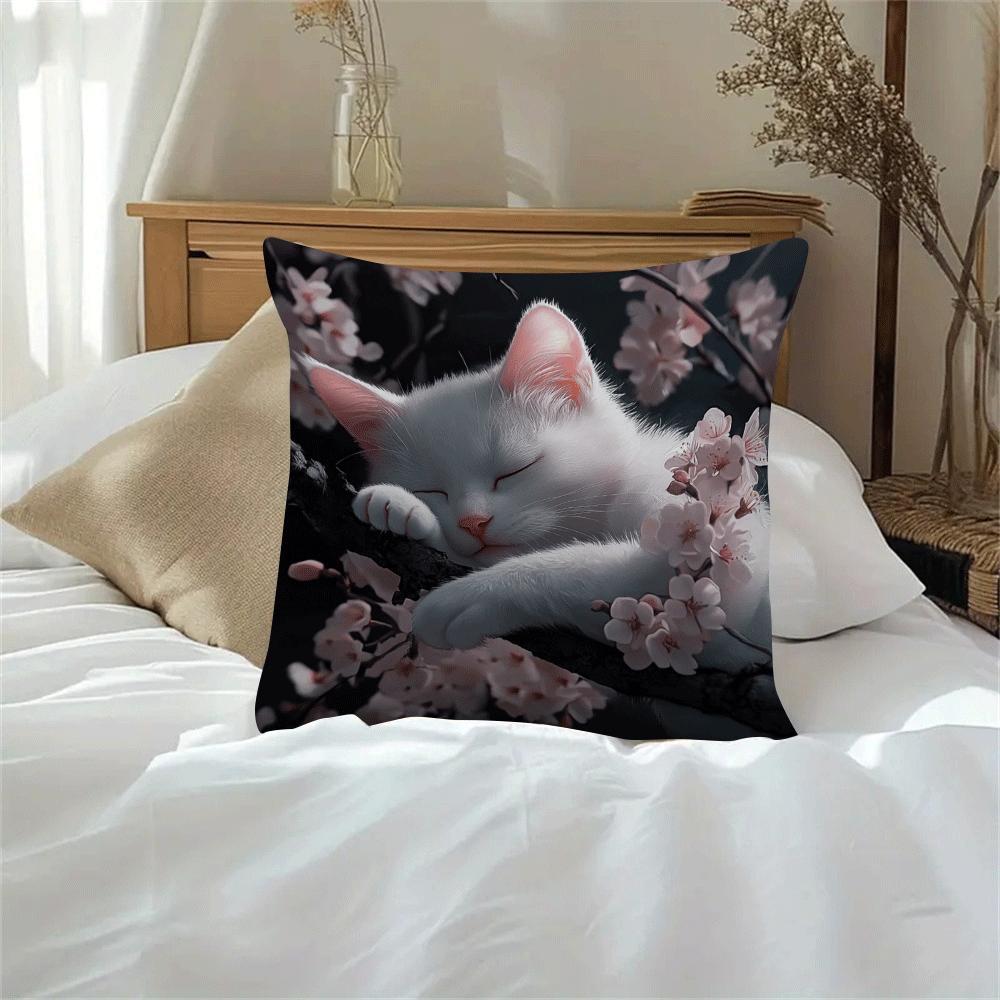 White Cat and Cherry Blossom Cushion Cover 45cm Machine Washable Sofa Bedroom Decor