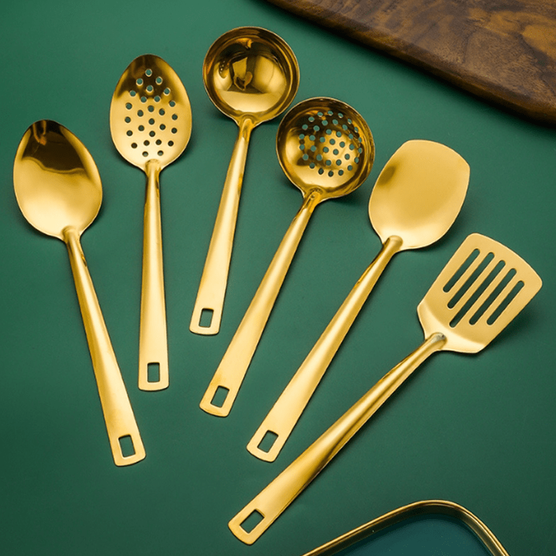 Juego de utensilios de cocina de acero inoxidable chapado en oro de 6 piezas con cuchara sopera, colador y pala para freír