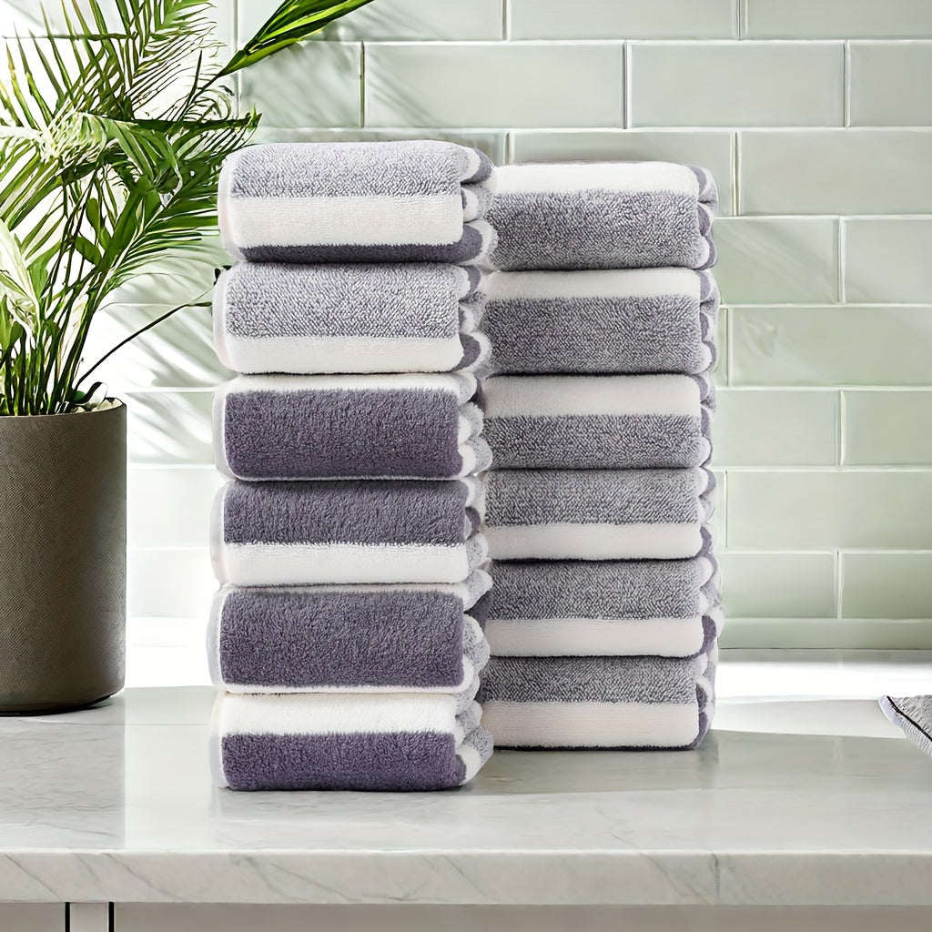 12-Piece Soft Absorbent Striped Coral Fleece Washcloths for Travel and Gym