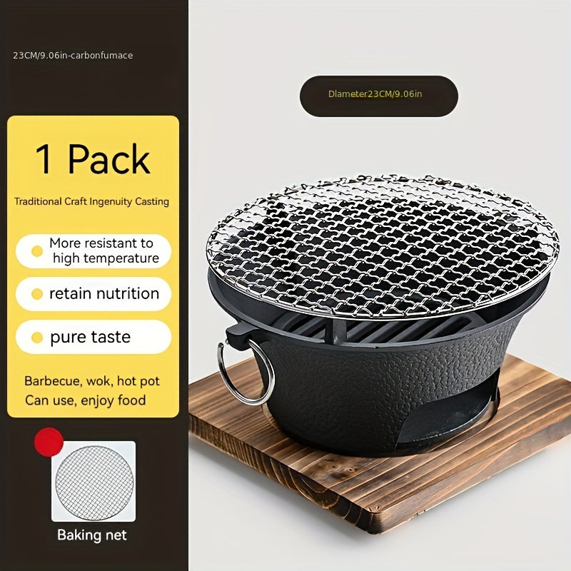 Cast Iron Charcoal Grill Stove with Mesh Net and Au Gratin Pan for Indoor Outdoor Cooking