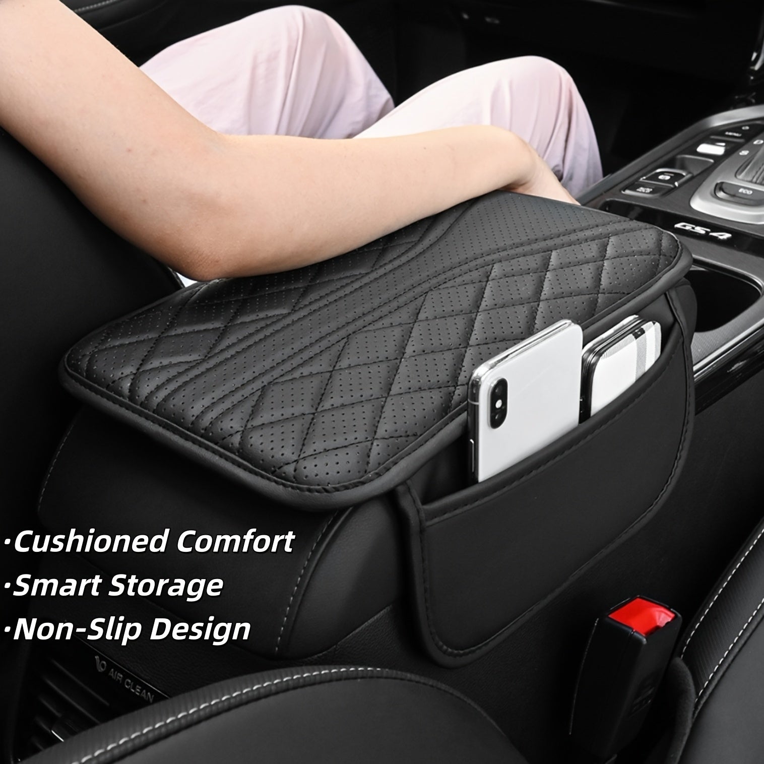 Car Interior Armrest Cover Diamond Stitch PU Leather Storage Organizer Gray