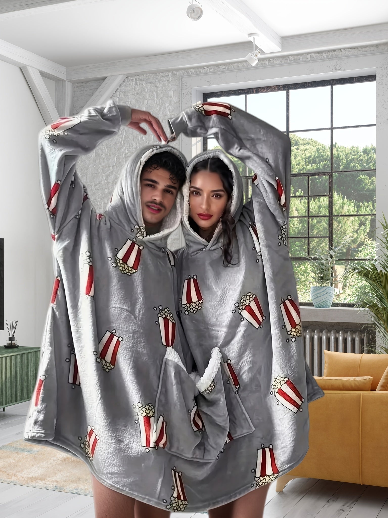 Gray Cartoon Couple Hooded Sweatshirt for Home Sleepwear in Polyester