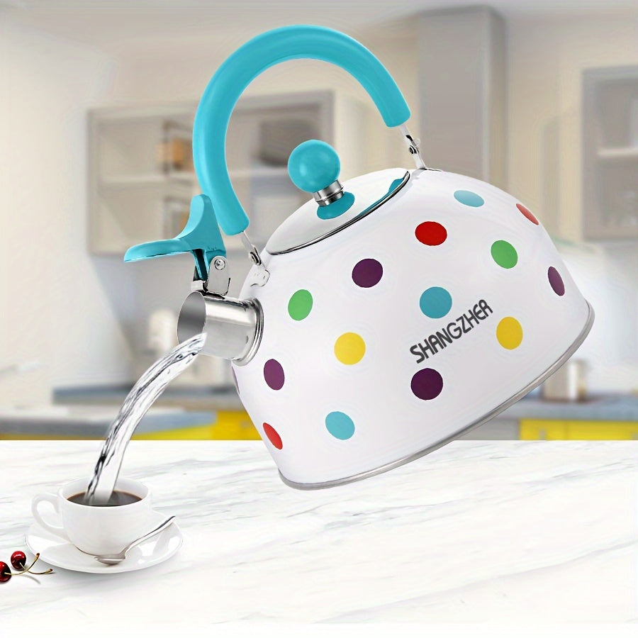 Hervidor de acero inoxidable con silbato, con lunares, para camping, olla para hervir agua
