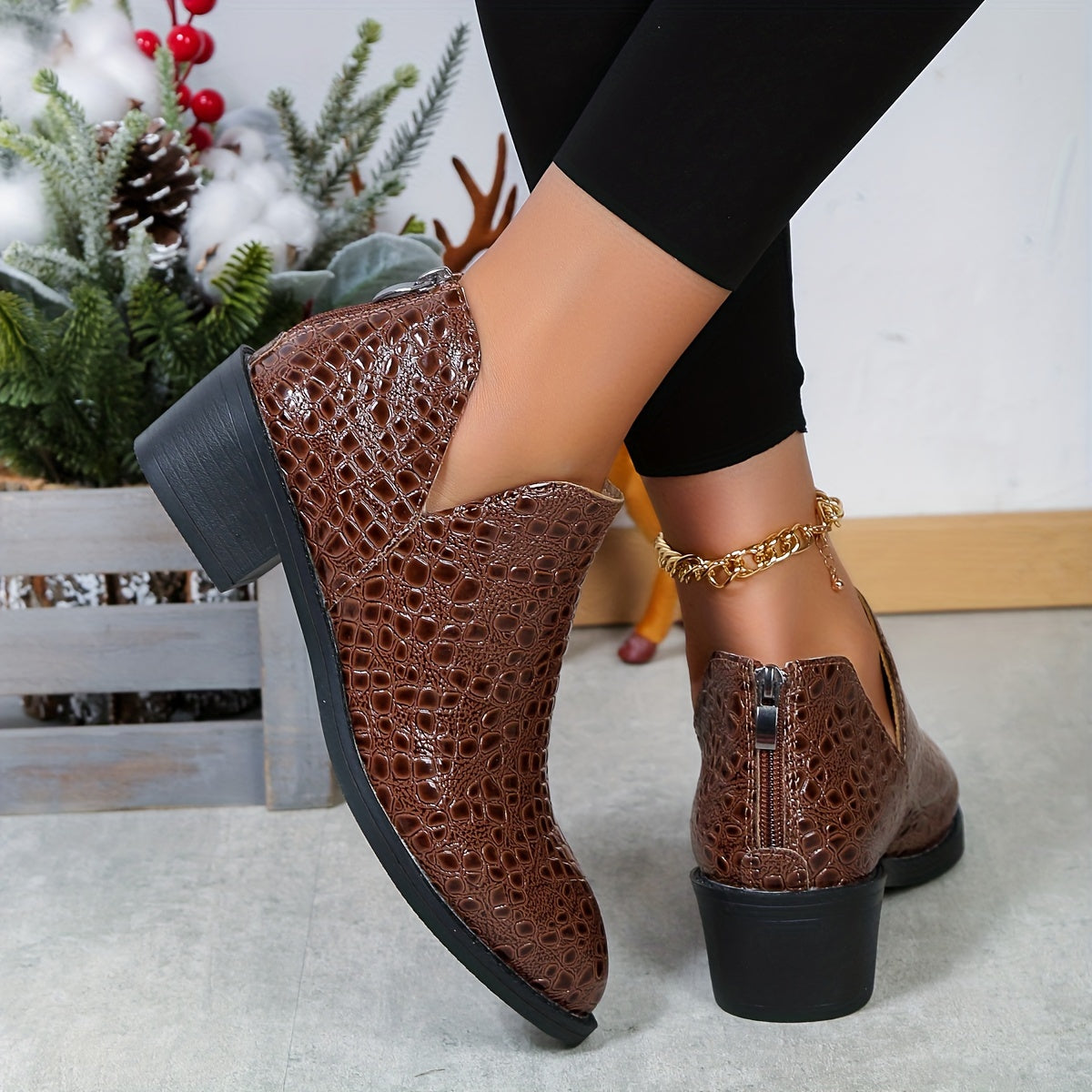 Women's Faux Leather V-Back Zip Ankle Boots with Block Heel and Round Toe