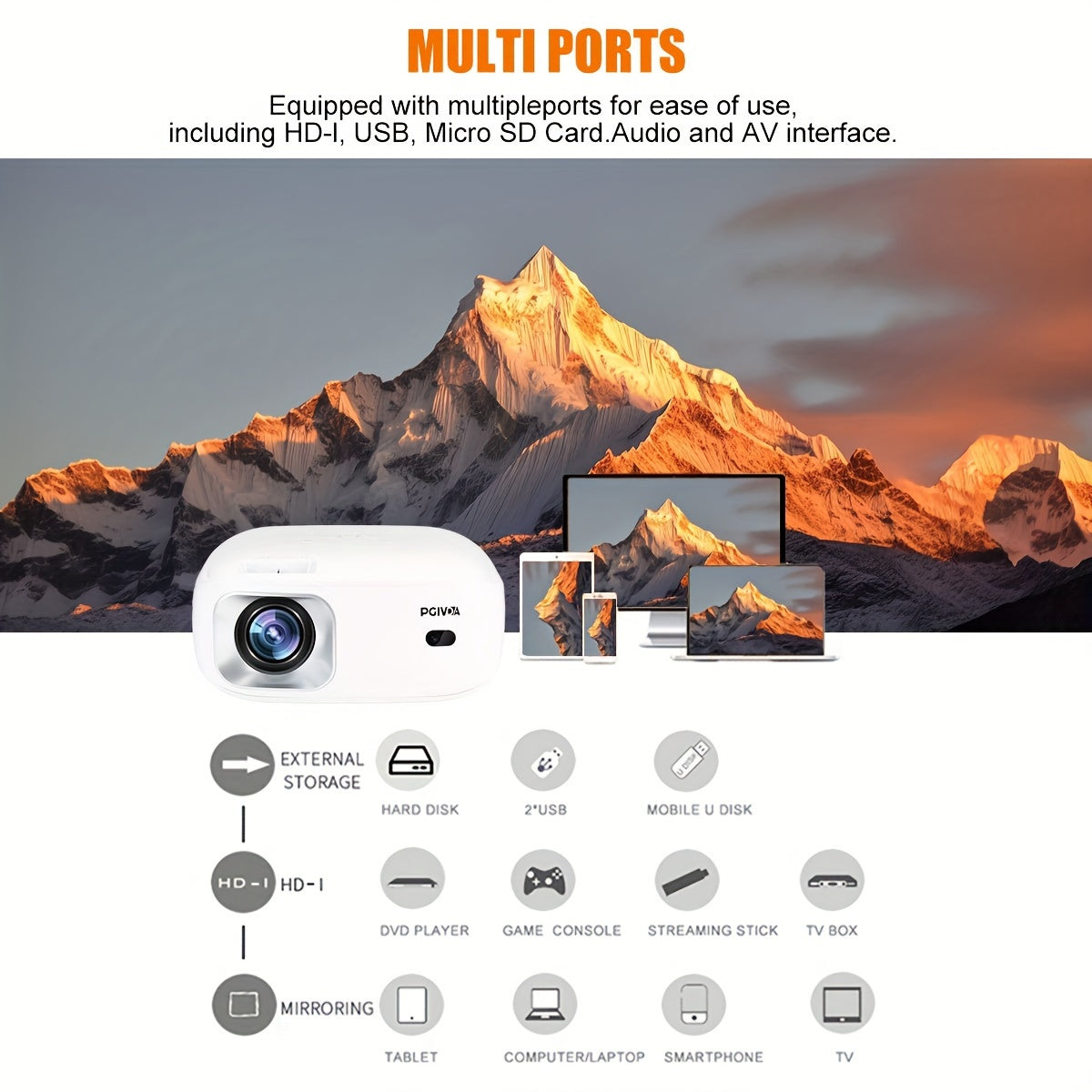 Портативный проектор HD 1080P с поддержкой 4K и яркостью 3000 люмен для домашних и уличных фильмов