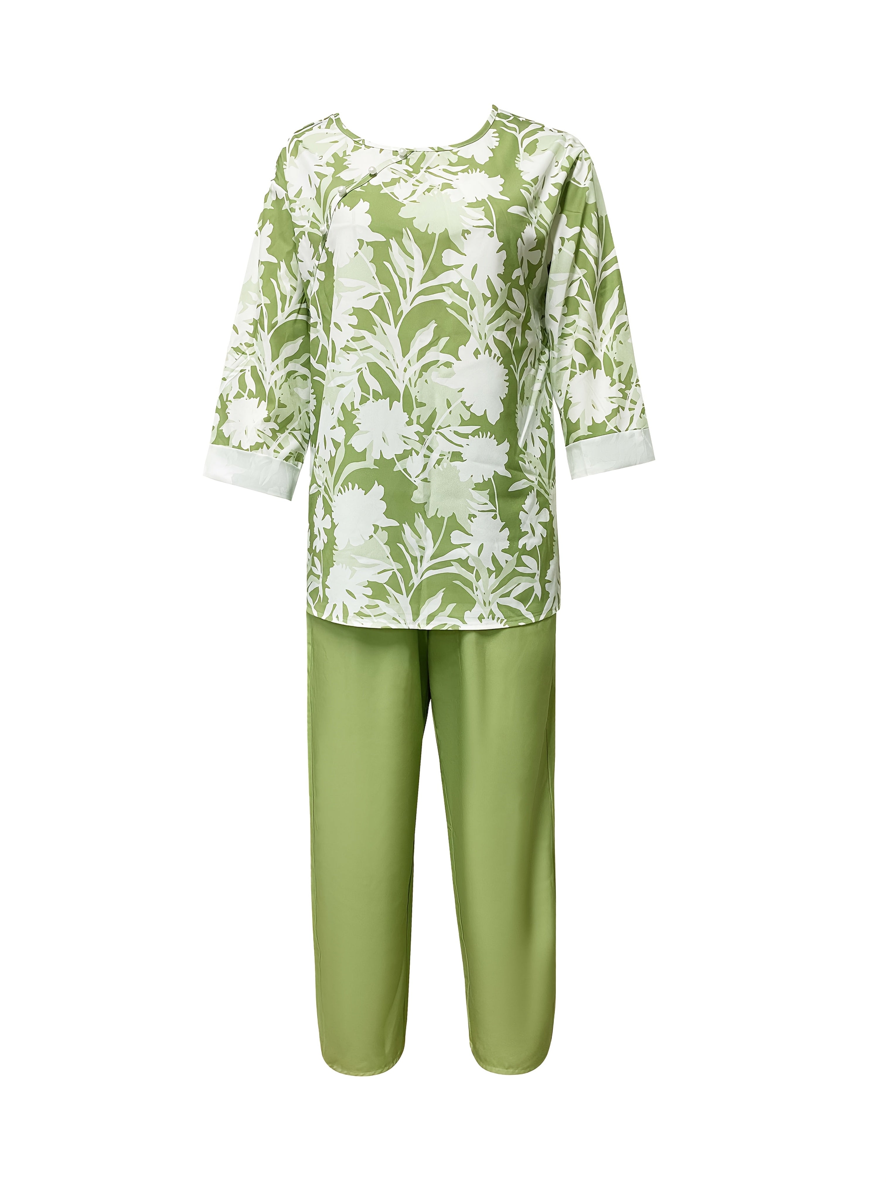 Women's Floral Print Two-Piece Outfit with Crew Neck Top and Elastic Waist Pants