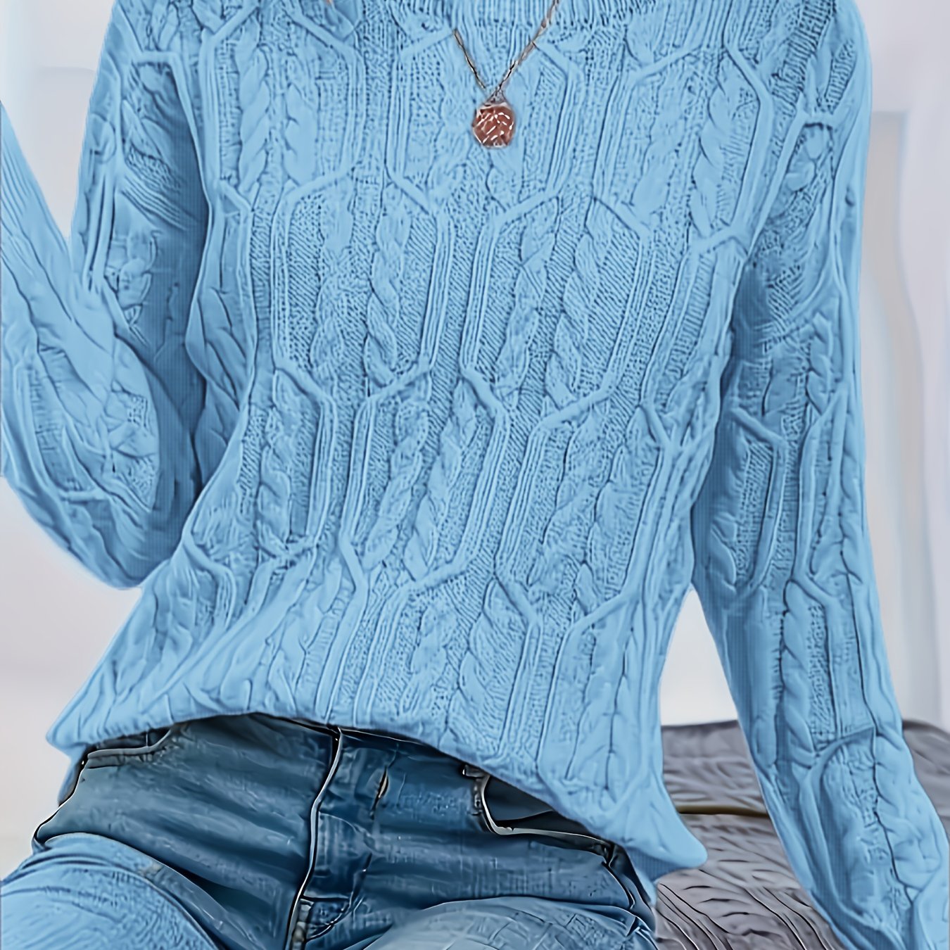 Plus Size Women's Blue Textured Cable Sweater Pullover Long Sleeve Casual Knit